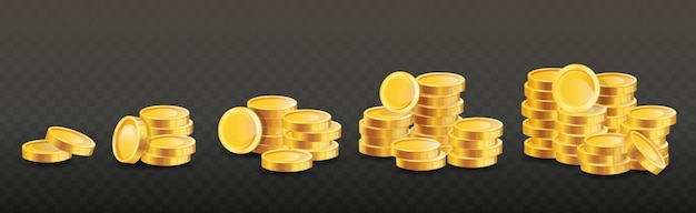 Vector stack of gold coins shiny golden coins in five stacks with another falling down finance investment and savings concept 3d money cash bank finance isolated on black background vector illustration