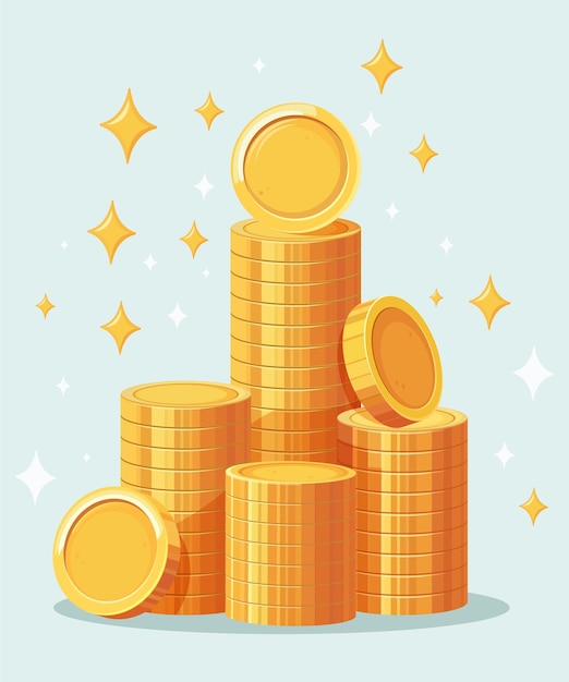 Stack of gold coins Shiny golden pile of coins Bank finance investment and savings Treasure or profit in money cash isolated on blue background Bonus savings Increase money Vector illustration