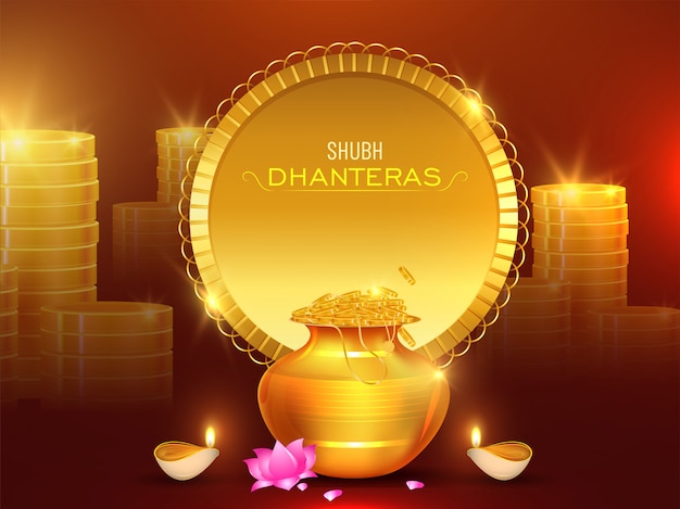 Stack of golden coins with wealth pot, lotus flower and illuminated oil lamp (diya) for shubh dhanteras celebration concept.