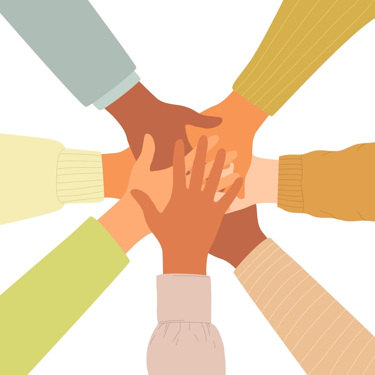 Vector a stack of hands of a multinational people making a gesture of unity cohesion and support