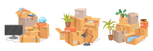 Stack home boxes moving house many cardboard box for storage family stuff clothes furniture carton parcel packing move relocation new apartment office neat vector illustration