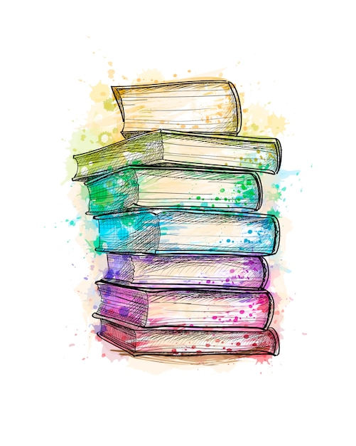 Stack of multi colored books from a splash of watercolor, hand drawn sketch