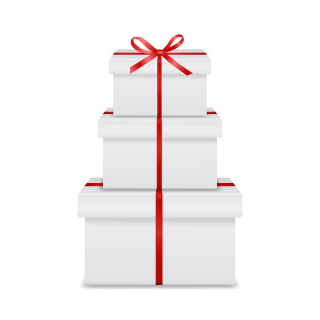 벡터 빨간 리본 및 활 3 현실적인 흰색 선물 상자 스택