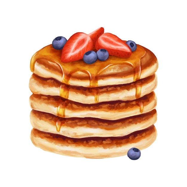 Stack of pancakes poured with syrup or honey with strawberries and blueberries Vector hand drawn food illustration for menu cafe American sweet breakfast Isolated on white