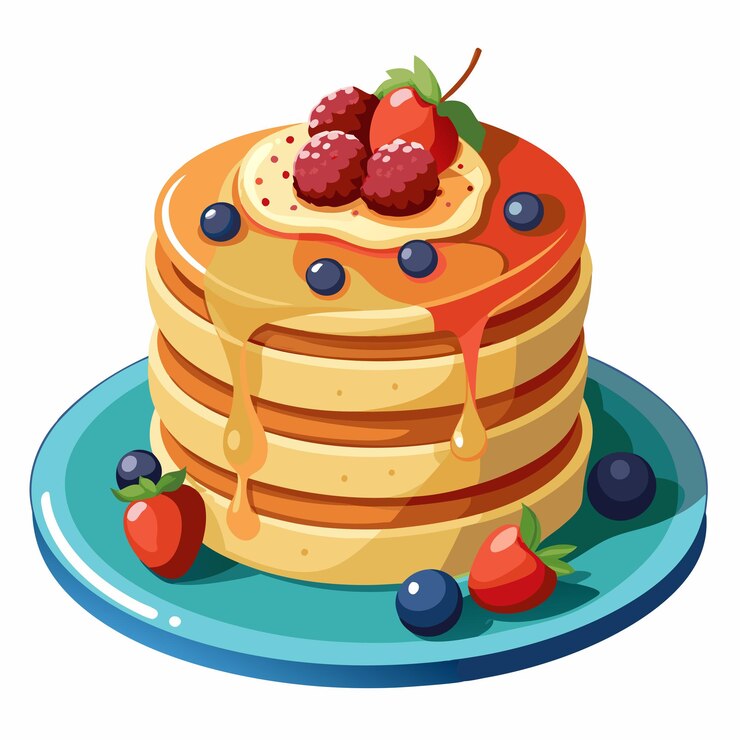 Vector stack of pancakes with berries and syrup on a plate