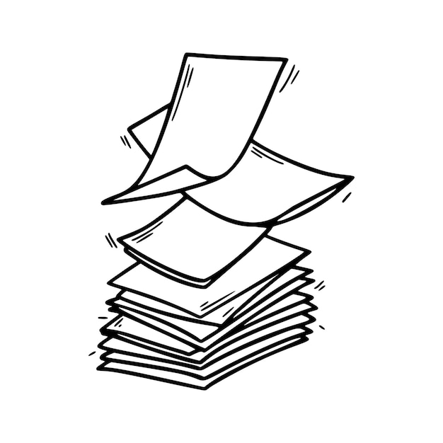 Vettore pila di pagine di carta line art fogli bianchi illustrazione vettoriale doodle disegnato a mano mucchio di carta doodle mucchio di documenti contrattuali