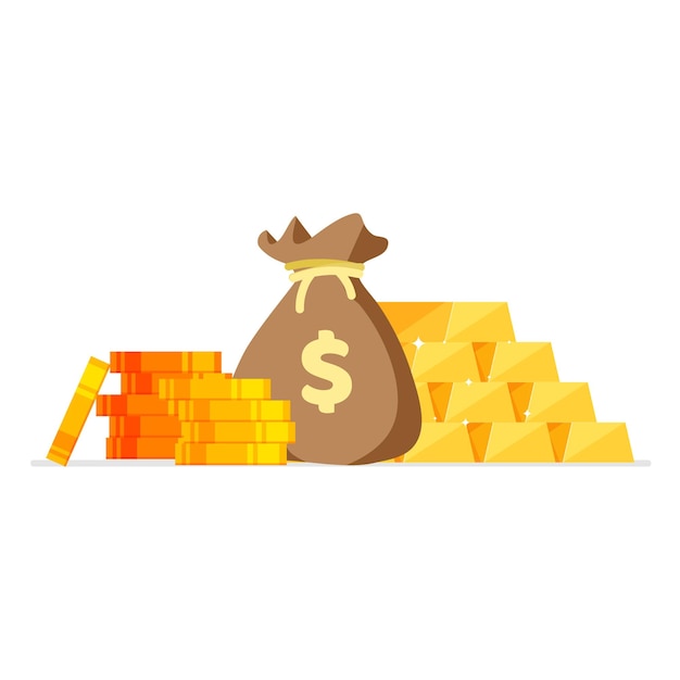 Stack of shiny gold bars or ingots and money bag with coins Business concept Icon for web games