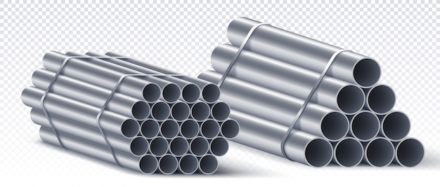 Vettore pila di tubi in acciaio sul concetto di spazio di copia attrezzature per la riparazione dell'edilizia profili lunghi in acciaio e metallo per l'edilizia raccolta realistica di vettori isometrici isolati su sfondo trasparente