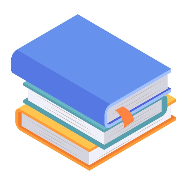 Стопка из трех книг в изометрической проекции, синего цвета сверху, белого и оранжевого ниже образования и чтения
