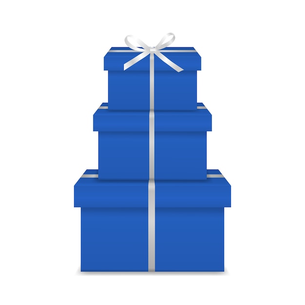 Vector stack of three realistic blue gift boxes with white ribbon and bow