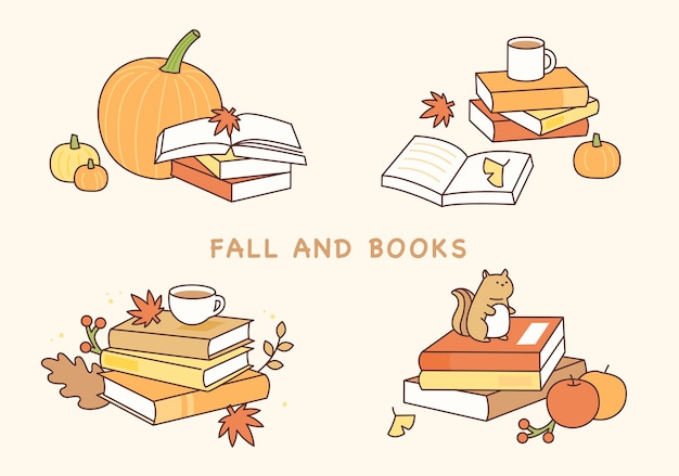 가을 분위기에 쌓여 있는 책과 물건들.