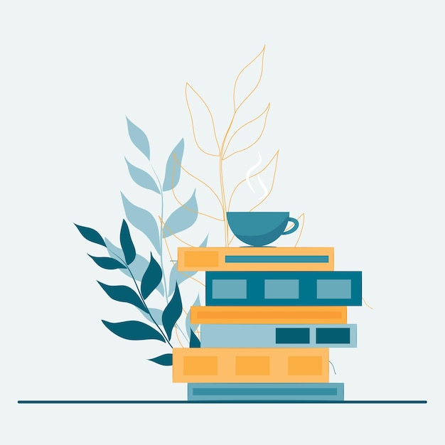 Vector stacked books with coffee cup in blue and orange colors premium vector