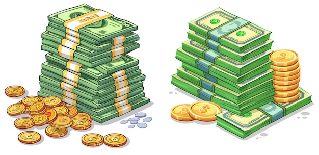 Vector stacked money green dollar cash and gold coins money finance success