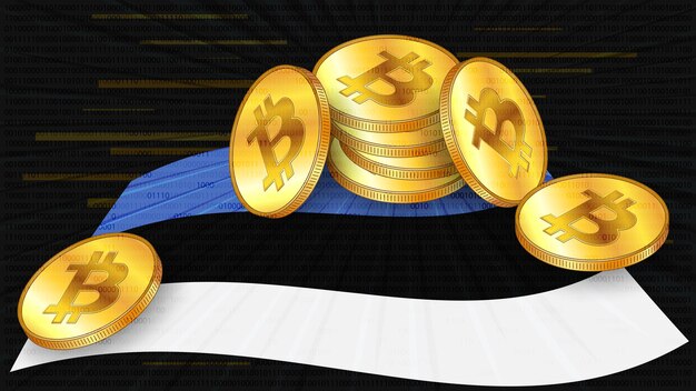 Pile di monete d'oro di bitcoin btc sulla bandiera colorata dell'estonia su sfondo digitale scuro la banca centrale dell'estonia adotta leggi sulle risorse digitali cbdc