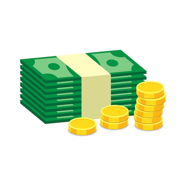 Pile di monete d'oro e contanti del dollaro. illustrazione vettoriale in design piatto su sfondo bianco