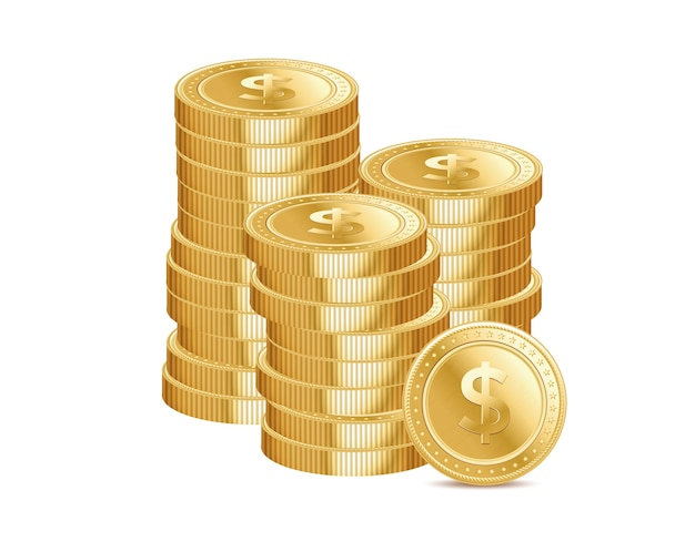 Pile di monete d'oro e segni del dollaro