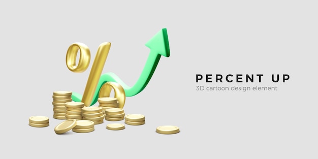 Stacks of gold coins and percent sign with green up arrow Business or startup success Vector illustration