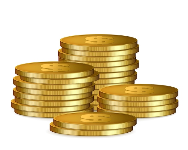 Vettore pile di monete d'oro, isolate su sfondo bianco