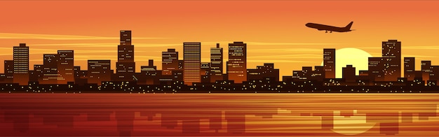 Vector stad bij zonsondergang illustratie met vliegtuig
