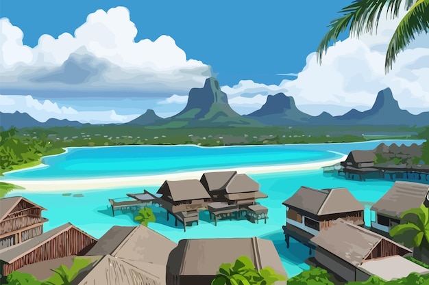 stad Bora Bora Tahiti kust uitzicht op de zee illustratie