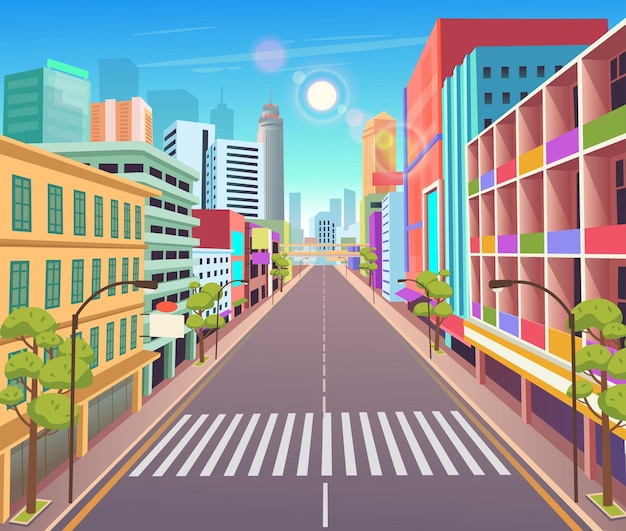 Stad bouwen huizen met shopsvector illustratie in cartoon style urban wolkenkrabber gebouwen view