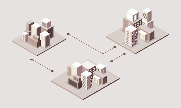 Stad en gebouwen met isometrisch stijl vectorontwerp