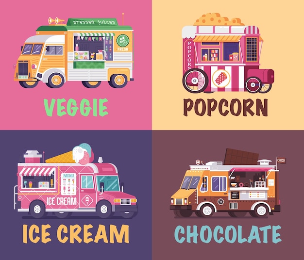 Stad fastfood vrachtwagens en wagons in plat ontwerp Ijssalon chocolade vrachtwagen popcorn auto en veggie sap caravan achtergronden Street food festival posters