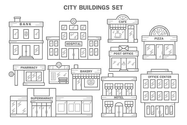 Stad gebouwen lijn pictogramserie. Stedelijke architectuurelementen. Bank, ziekenhuis, café, pizza, apotheek, bushalte, bakker, postkantoor, hotel en supermarkt.