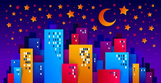 Stad herbergt gebouwen in de nacht met maan en sterren papier gesneden cartoon kinderen spel stijl vectorillustratie, modern minimaal ontwerp van schattig stadsgezicht, stadsleven, middernacht tijd.