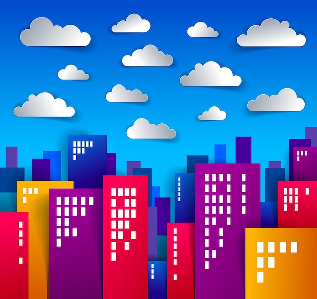 Stad herbergt gebouwen papier gesneden cartoon kids game stijl vectorillustratie, modern minimaal ontwerp van schattig stadsbeeld, stadsleven, wolken in de lucht