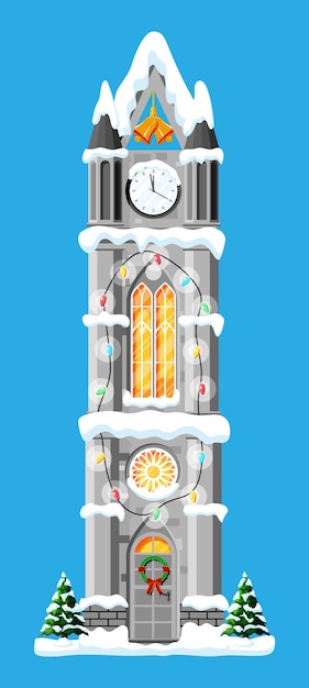 Stad klokkentoren bedekt met sneeuw.