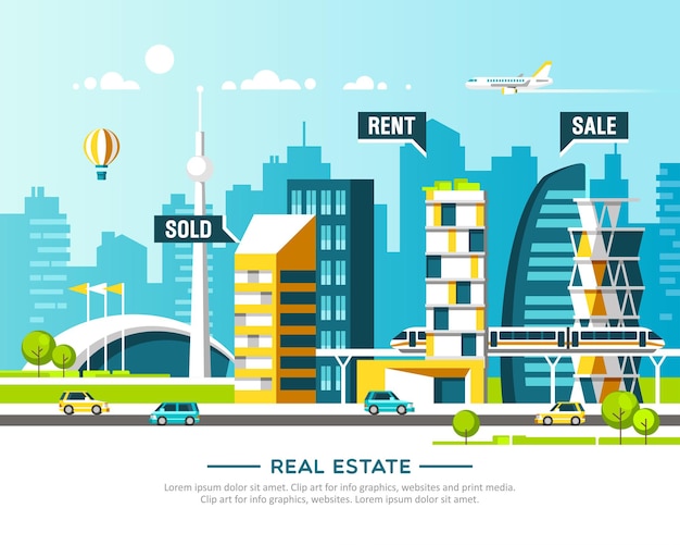 Stad landschap. Onroerend goed en bouw bedrijfsconcept met huizen. illustratie.