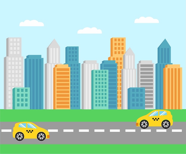 Stad landschap straat Wolkenkrabbers weg Gele taxi's op de weg