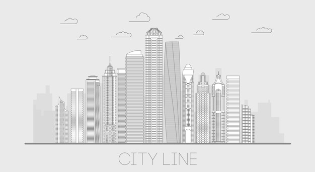 Stad lijn illustratie panorama. Stadsgezicht lijn kunst gebouw. Skyline dunne lijn vectorillustratie.