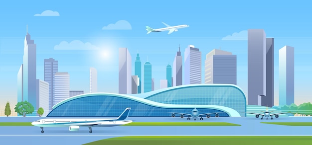 Stad luchthaven vectorillustratie. cartoon platte luchthaventerminal modern creatief gebouw