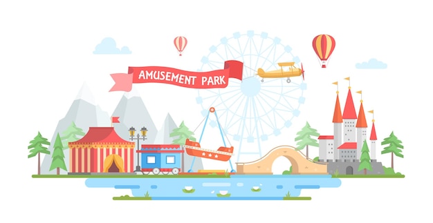 Vector stad met pretpark moderne platte ontwerp stijl vectorillustratie