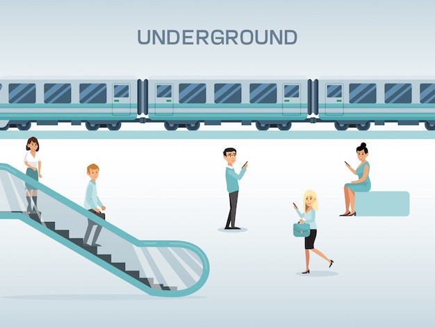 Stad metrostation, karakter mannelijke vrouwelijke gebruik roltrap en trein wachten, concept vlakke afbeelding.