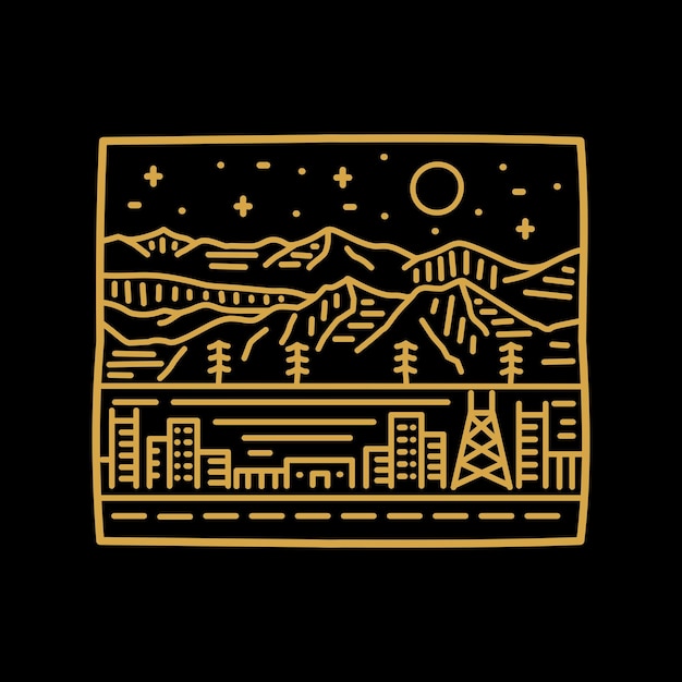 Stad onder heuvel bergen natuur sterrenhemel in mono lijntekeningen voor tshirt sticker badge etc
