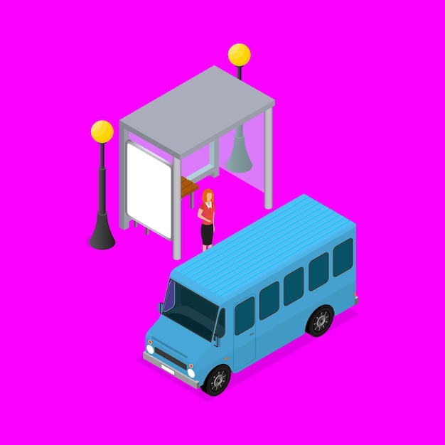 Vector stad openbaar vervoer minibus 3d pictogram isometrische weergave op een roze achtergrond vectorillustratie