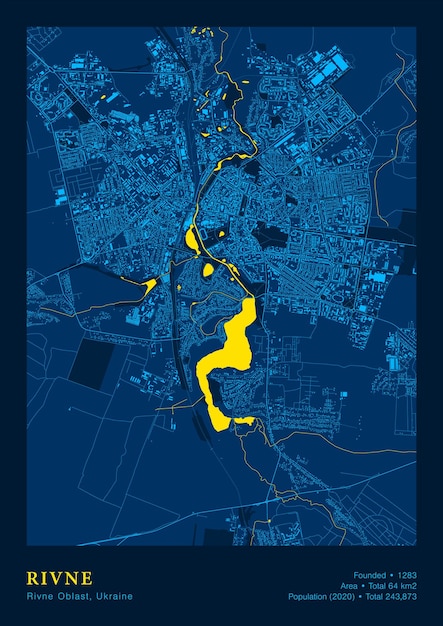 Stad Rivne Oekraïne Vector Poster zeer gedetailleerde kaart in patriottische nationale gele blauwe vlag kleuren Stad transportsysteem cartografie omvat gegroepeerde kaart met gebouwen, wegen en waterobjecten