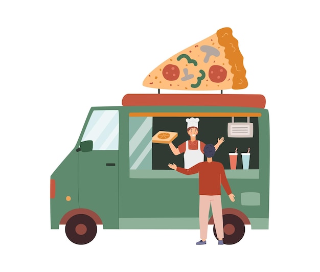 Stad straatvoedsel pizza wagen of vrachtwagen platte vectorillustratie geïsoleerd