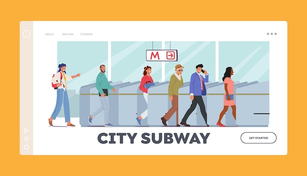 Stad Subway Landing Page Template Characters Gebruik openbaar vervoer Mensen gaan door tourniquet ingang