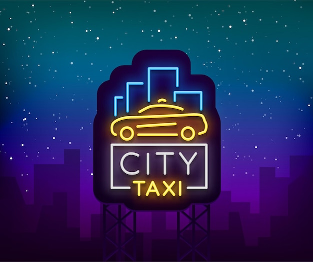 Stad taxi neon logo's concept sjabloon Lichtgevend uithangbord op het thema van transport