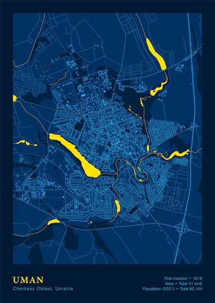 Stad Uman kaart Vector Poster gedetailleerde kaart in nationale gele blauwe kleur
