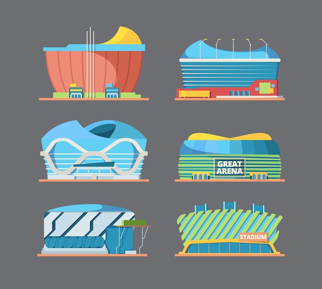 Vector stadion gebouw. buitenkant van sport arena veld moderne internationale stadions bouw platte vectorillustraties. voetbal gevel arena, stadion tot competitie voetbalcompetitie