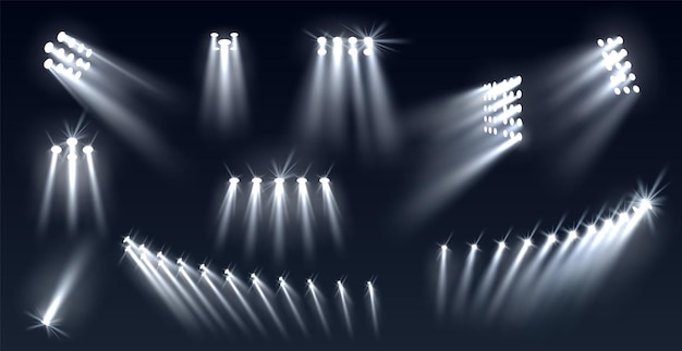 stadium spotlights football field directional light sources realistic searchlights illuminated studio and arena stage lamps different directions projector vector isolated set