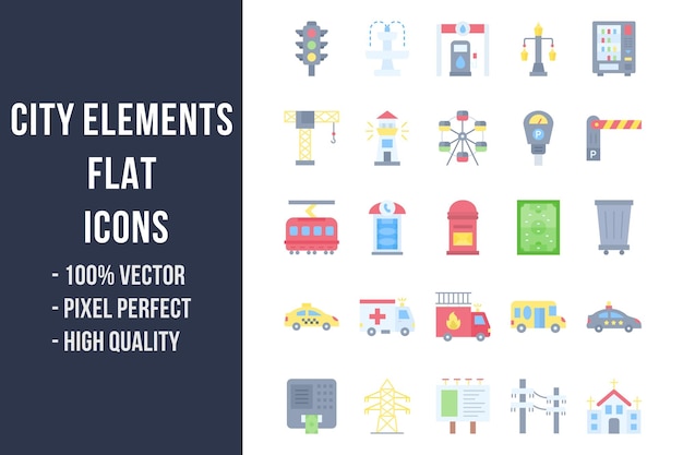 Stadselementen platte veelkleurige pictogrammen