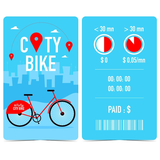 Vector stadsfiets huren of opzeggen, kaartje, bon, declaratiecheque of afrekenen met rode fiets.
