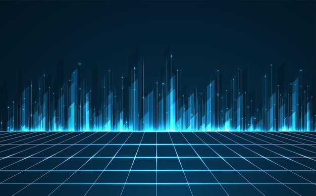 Stadsgezicht op donkerblauwe achtergrond met heldere gloeiende neon Technologie stad achtergrond