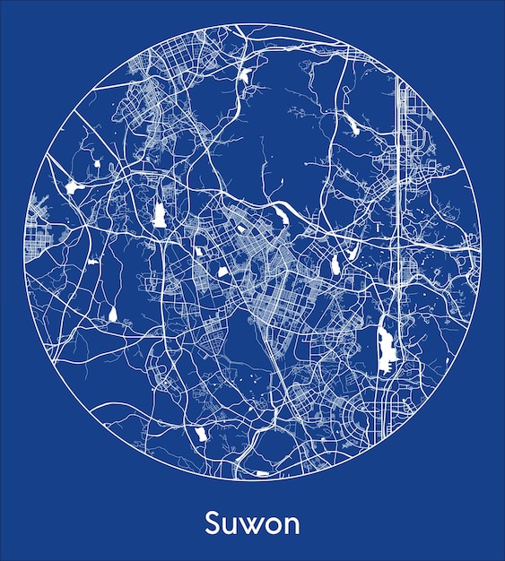 Stadskaart Suwon Zuid-Korea Azië blauwdruk ronde cirkel vectorillustratie